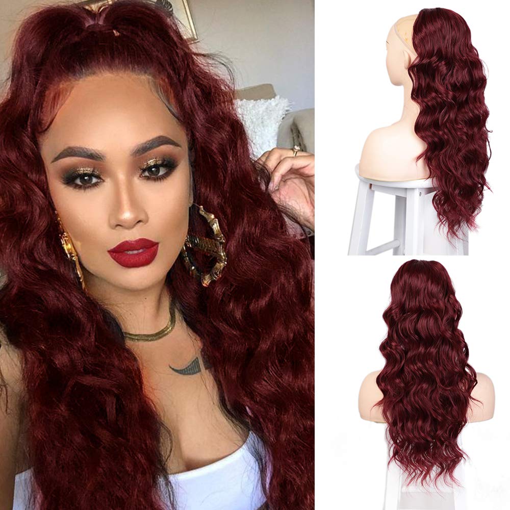 Stamped Glorious Synthetic Drawstring Ponytail Long Wavy Ponytail Hair Clip in Hairpiece Black Wavy Ponytail for Black Women: red