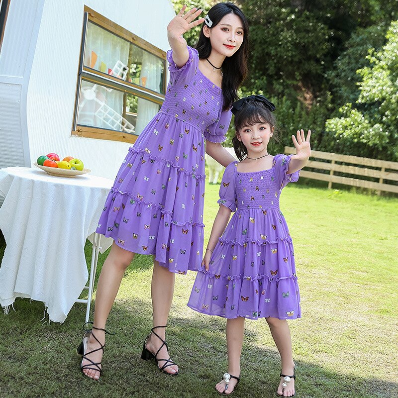 Tweeling baby moeder en dochter jurk paarse bloemenprint zomer moeder en ik trouwjurk familie bijpassende outfits: Kind 11-12t