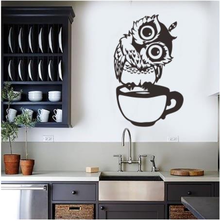 43*28cm tegneserieugle på krus vægklistermærker kaffe dekorativt mærkat til køkken spisestue vinyl klistermærker kaffebar hjemindretning