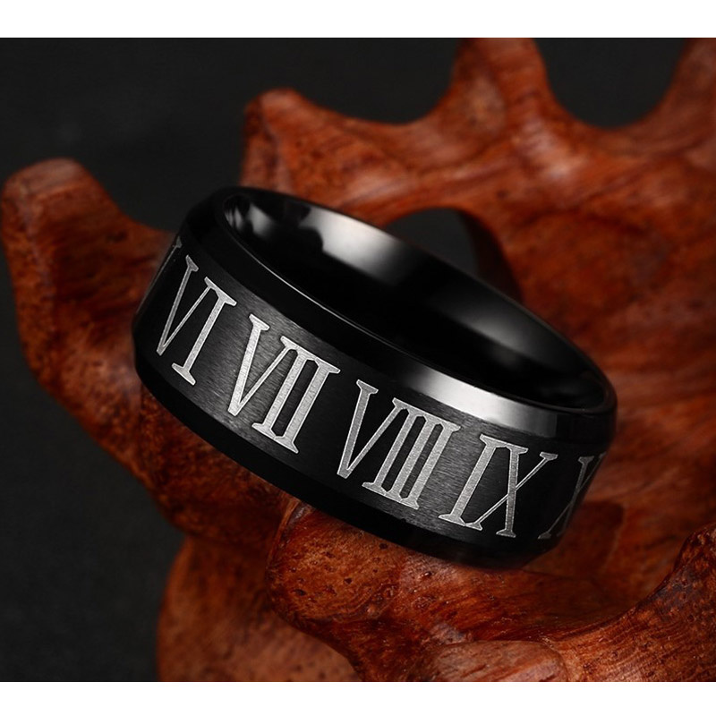 Vnox Romeinse Cijfers Zwarte Ring Roestvrij Staal Cool Mannen Ring Cocktail Bruiloft Sieraden