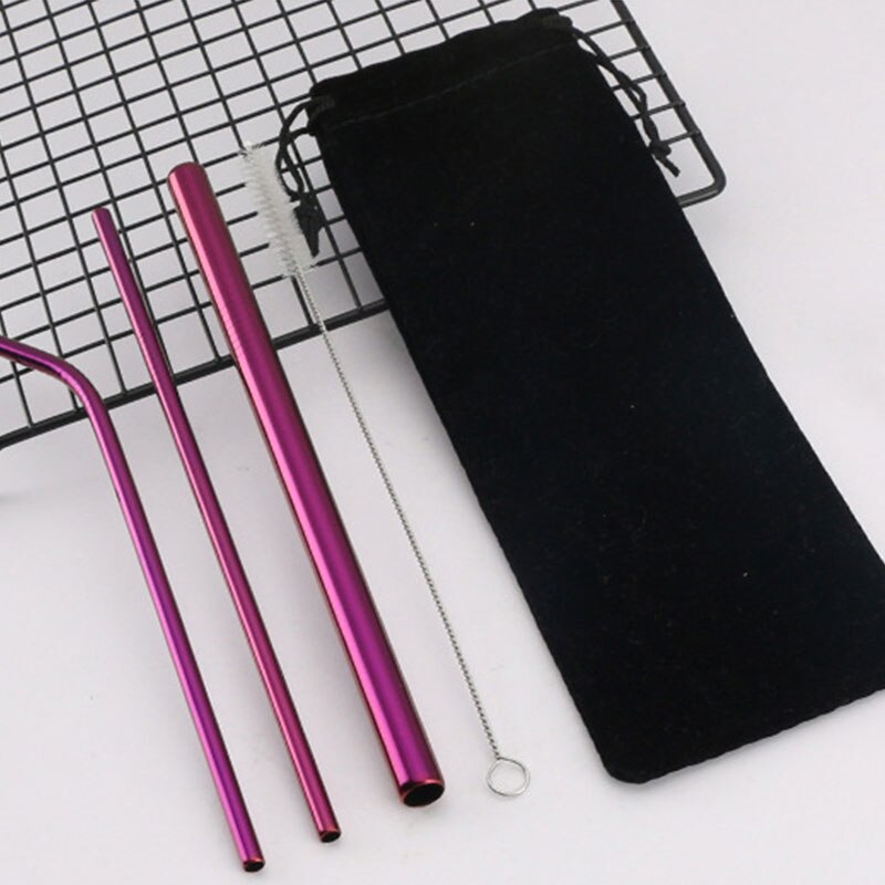 5PCS Reusable Metal Straw Eco Friendly 304 Stainless Steel Straw Cleaning Brush Pink Drinking Straws Bubble Tea Bag Pouch Set: Purple