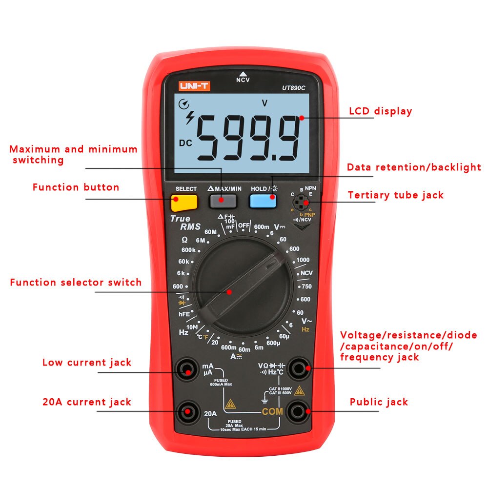 Uni-t  ut890d+ ut890c true rms 6000 counts ac/dc live-functie ncv digitale multimeter met lcd-achtergrondverlichting, handheld