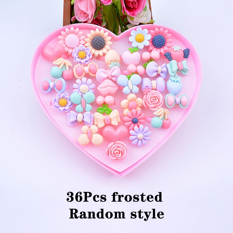 Conjunto de 12/24/36/Uds. De anillos de maquillaje para niña, joyería para niña, juguete con lazo de flor, juego de simulación, anillos para chicas, para niña: 36Pcs frosted