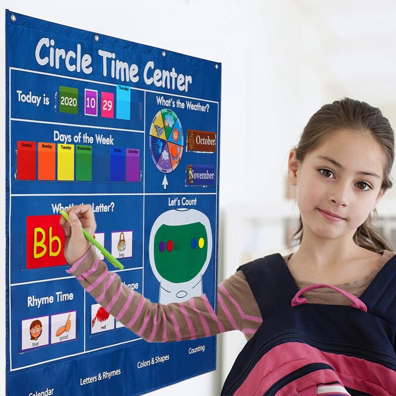 Circle Time Center Pocket Chart Calendar-Educational Pocket Chart Learning Shape Classroom Kids Calendar
