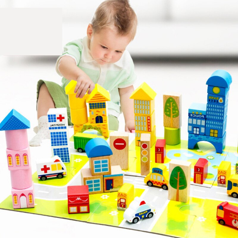 62Pcs Kinderen Houten Blokken Stedelijke Verkeer Assembleren Baby Speelgoed Vroege Onderwijs En Intellectuele Ontwikkeling