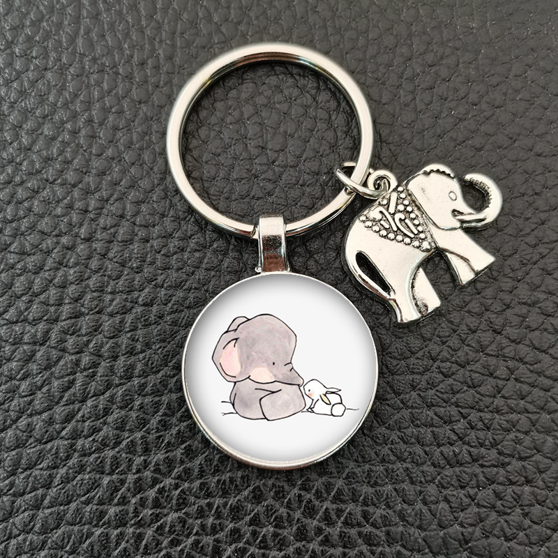 , llavero redondo convexo de cristal con de elefante y elefante bebé hecho a mano, llavero de coche, accesorios de boutique