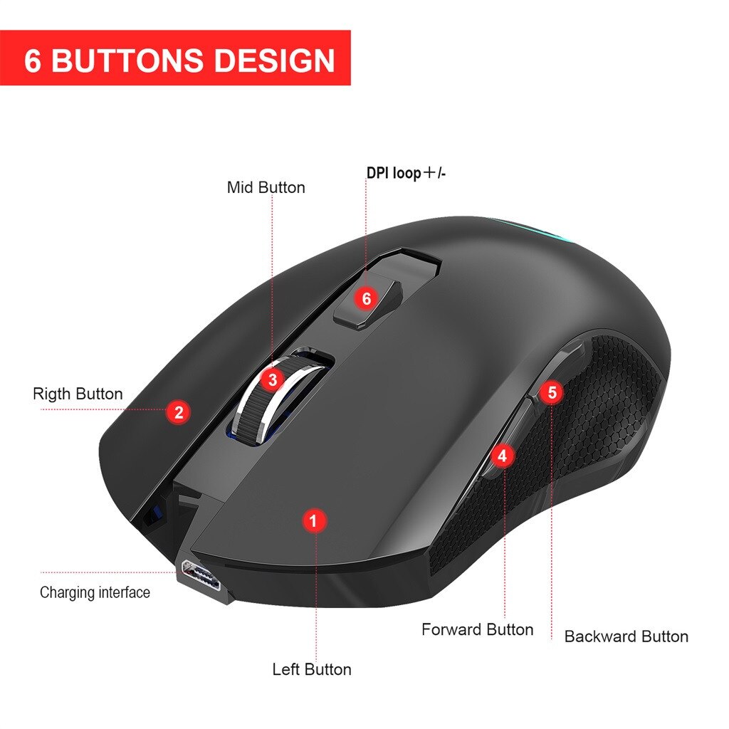 Noise cancelling 2.4G USB Wireless Mouse 2400DPI Adjustable Rechargeable Colorful Lighting Game Gamer Mice for PC Laptop Gaming