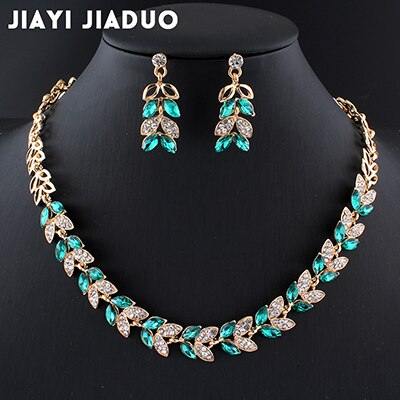 jiayijiaduo Wedding Jewelry Sets for Charming Women Dresses Dating Accessories Green Glass Crystal Necklace Earrings Sets: 3