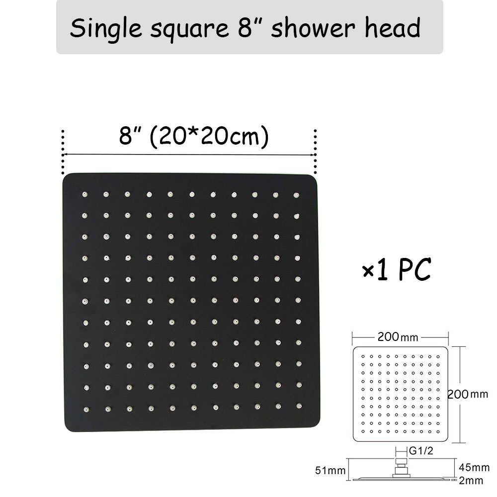 Black Round and Square Rain Shower Head Ultrathin 2 mm 8 10 12 Inch Choice Bathroom Wall & Ceiling Mounted Shower Arm: Square 8 inch