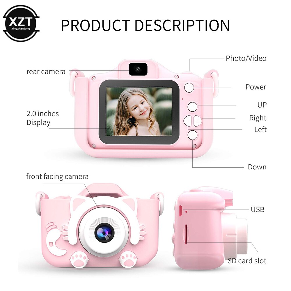 Cartoon Baby Camera 2.0 inch Screen Kid Mini Digital Camera 12MP Photo Sticker Video Game 2000w HD Camera with 600mAh Toy