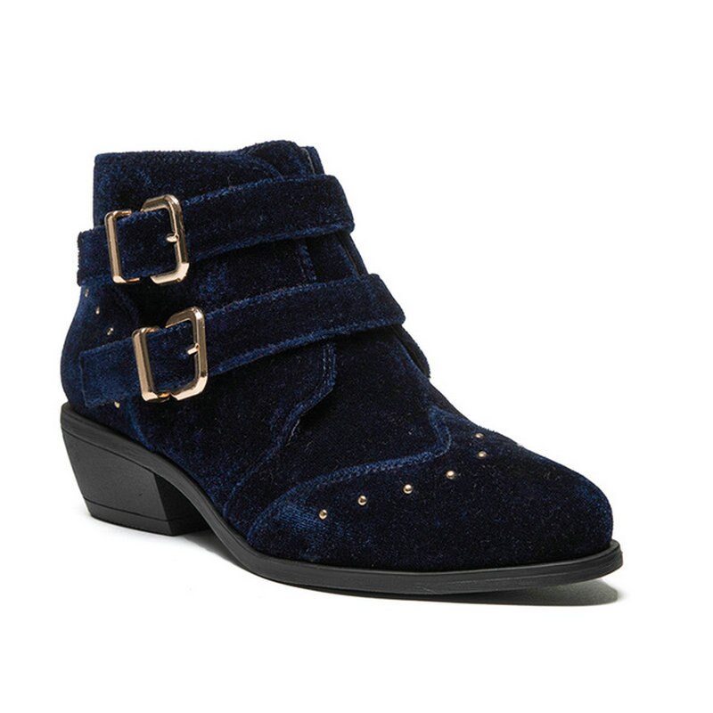 Botas de terciopelo azul Vintage para mujer, botas de tacón medio con cremallera lateral para otoño e invierno, botas cortas de tacón bajo de estilo británico para mujer: 9