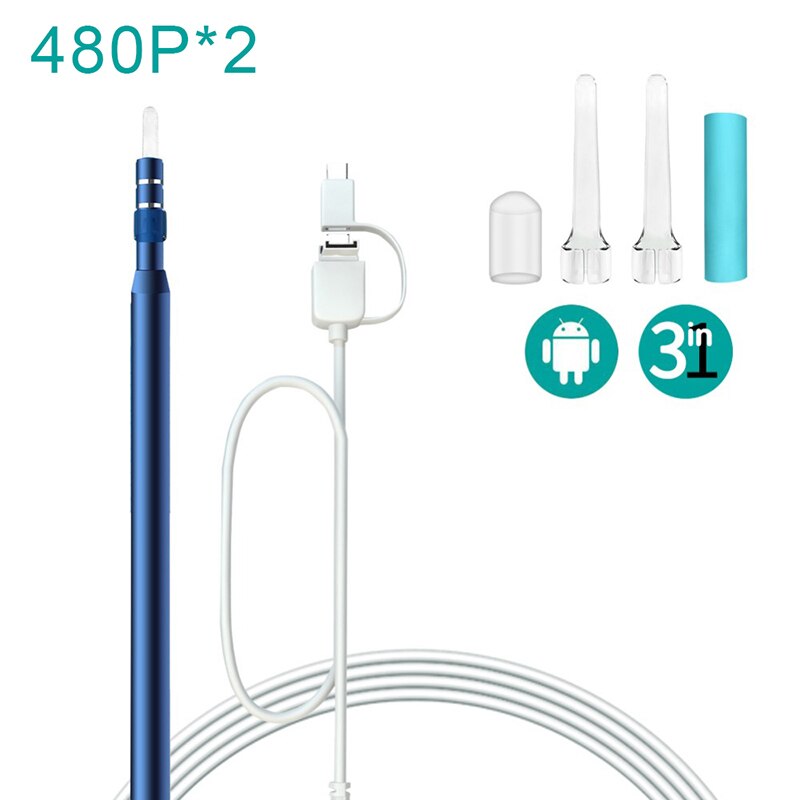 Ear Cleaning Endoscope 3 in 1 USB Visual Ear Cleaning Tool Mini Camera for Android 5.5mm Ear Health Care Tool Ear Pick Otoscope: two 480P blue