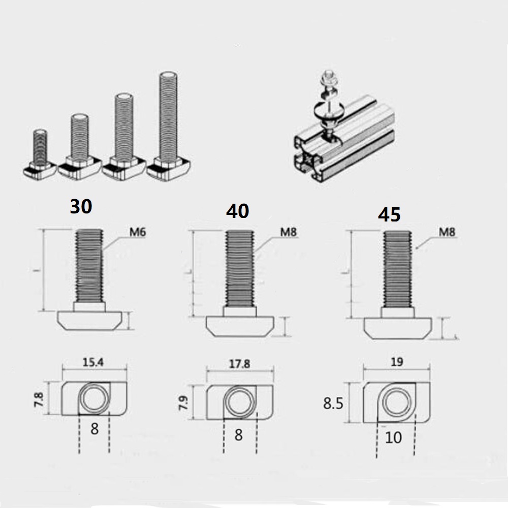 10 st  m6 12mm/16mm/20mm/25mm/30mm hammarhuvud t bult skruv nickelpläterad för 3030 serie 30 x30 aluminiumprofil