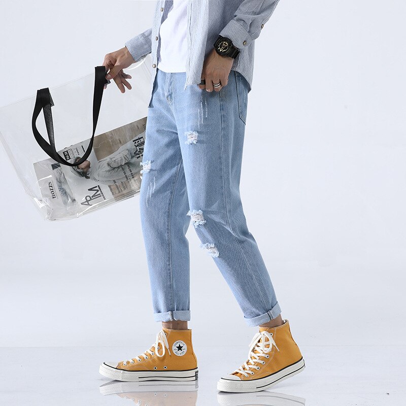 Pantalones vaqueros rotos para hombre, Jeans rotos de Hip Hop, ropa de calle, color azul claro