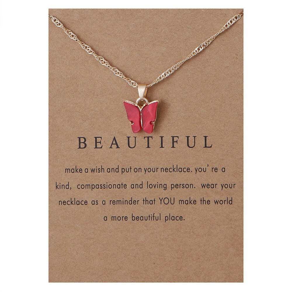 Cute Butterfly Pendant Necklace for Women Jewelry: gold card red