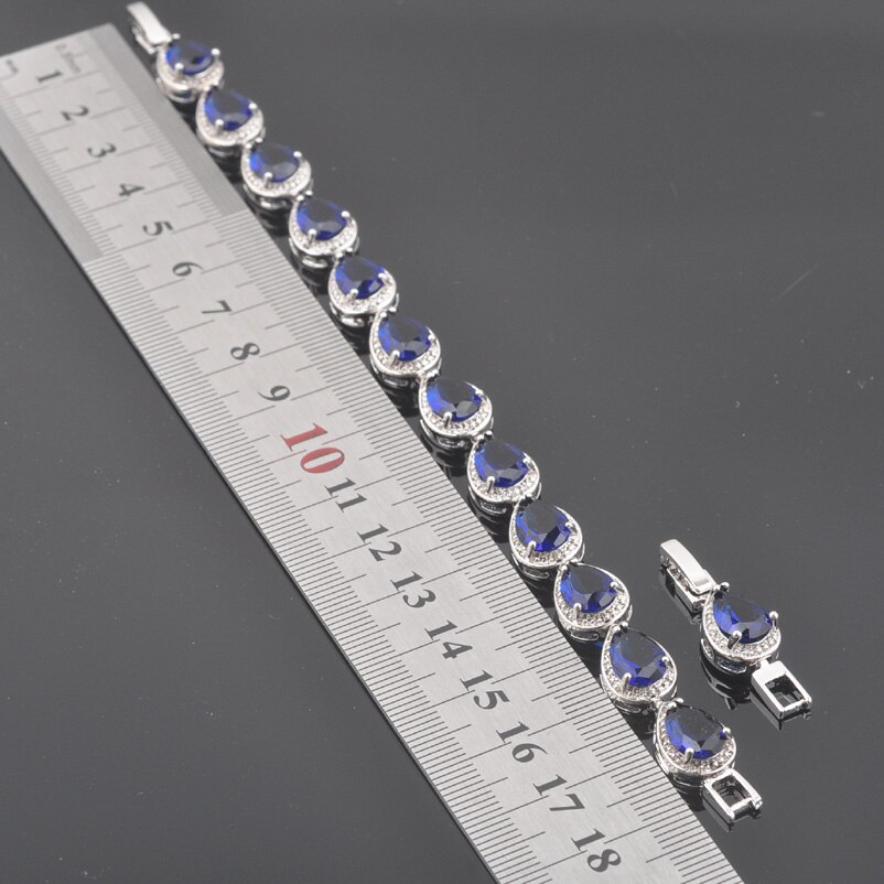 Blauwe Stenen Water Zilveren Kleur Sieraden Sets Armband Voor Vrouwen Bruiloft Ketting Hanger Oorbellen Ring QS0355