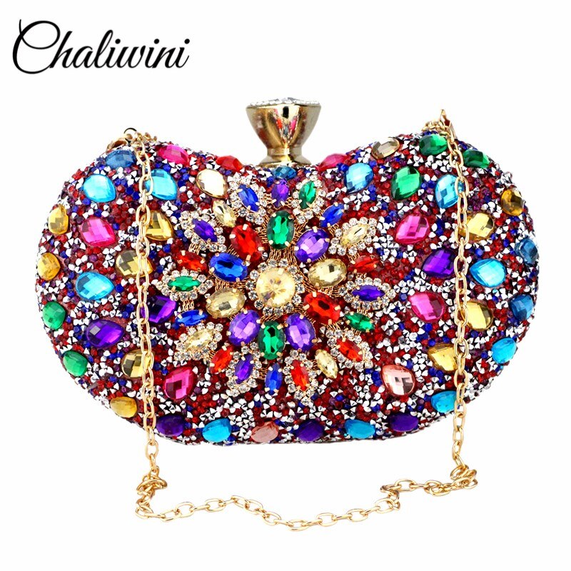 Chaliwini-Bolso de mano Floral de dos lados con diamantes de noche para mujer, bandolera de cristal múltiple, monedero de boda, cartera a juego: Red