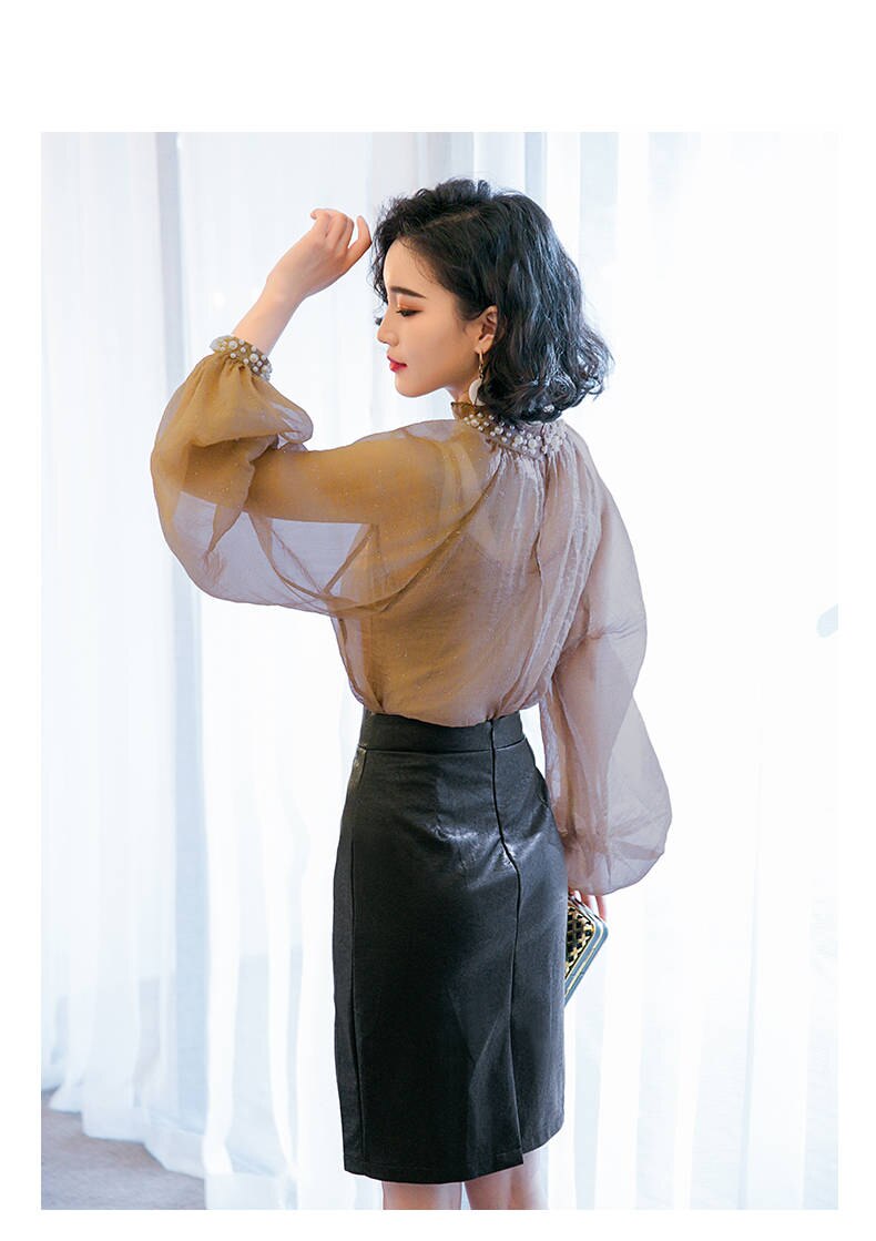 Conjunto de ropa de 3 piezas para mujer, camisas de manga larga de linterna, blusa holgada con cuentas de perlas, Tops de PU, conjunto de trajes de falda ajustada NS975