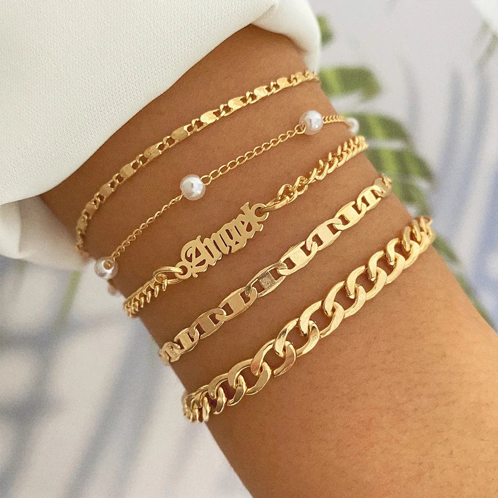Boheemse Gouden Kleur Ketting Armband Set Voor Vrouwen Faux Parel Hoek Letter Charm Armband Vrouwelijke Mode Feest Sieraden: Hot Stamping