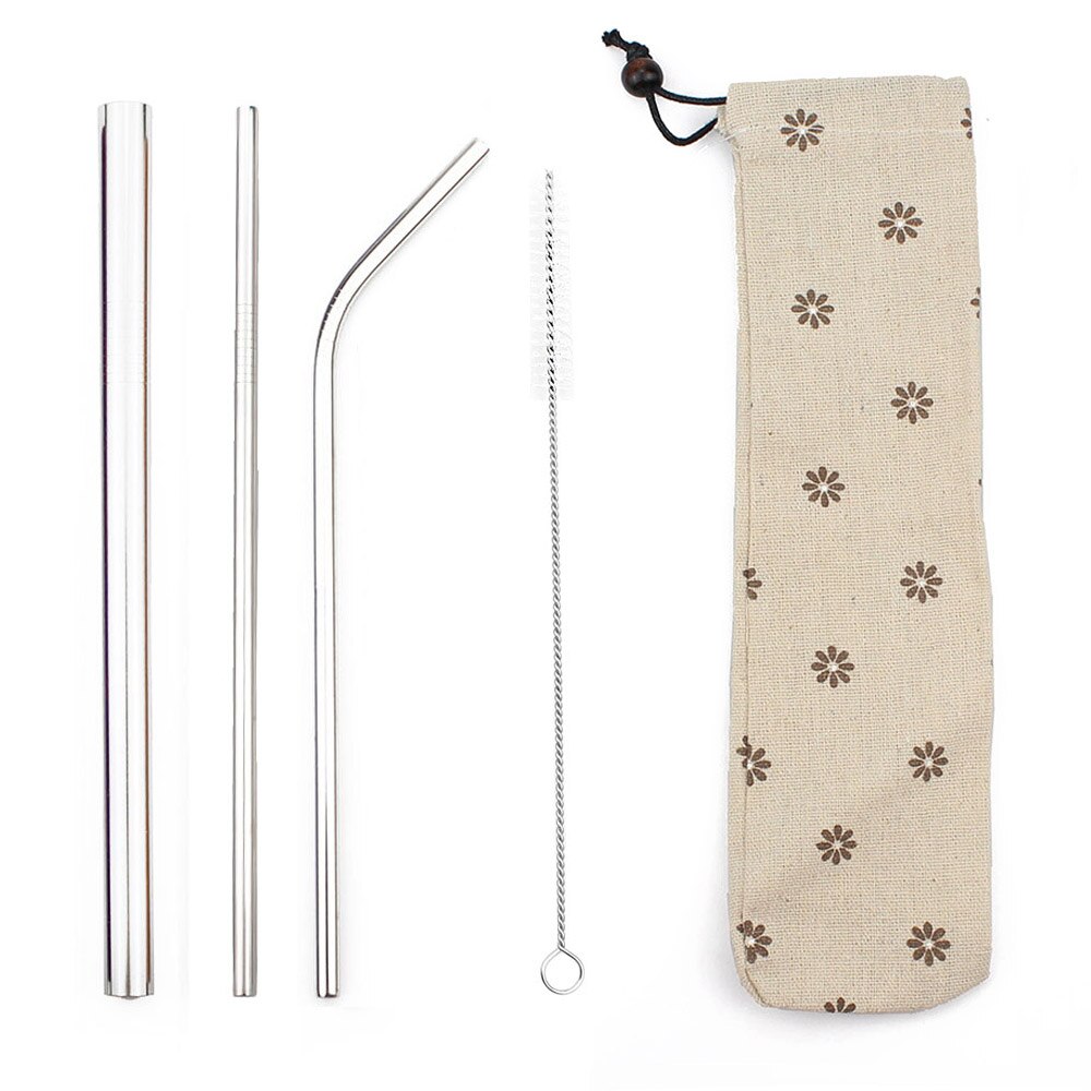 5pcs Herbruikbare Metalen Rietjes 304 Rvs Zilver Stro Set Dikke met Kleurrijke Tas Pouch Clean Brush Party bruiloft: Silver F