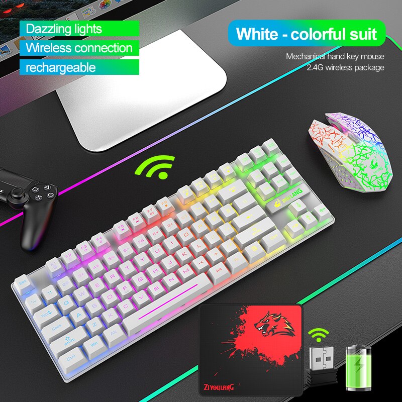Wireless Keyboard and Mouse Kit 87 Keys Mechanical Feeling Gaming Keyboard Rechargeable LED Backlit 2.4G Mouse 2400dpi PC: white