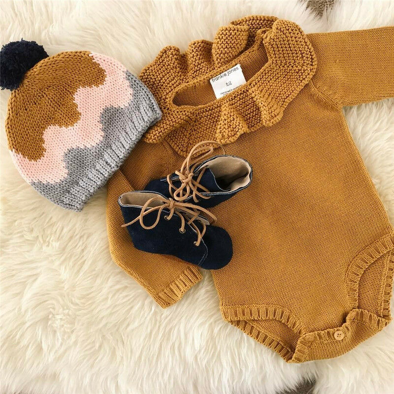 Cute Newborn Baby Girls Knit Warm Ruffles Sweater Jumpsuit Outfits Set Kids Baby Girl Winter Clothes