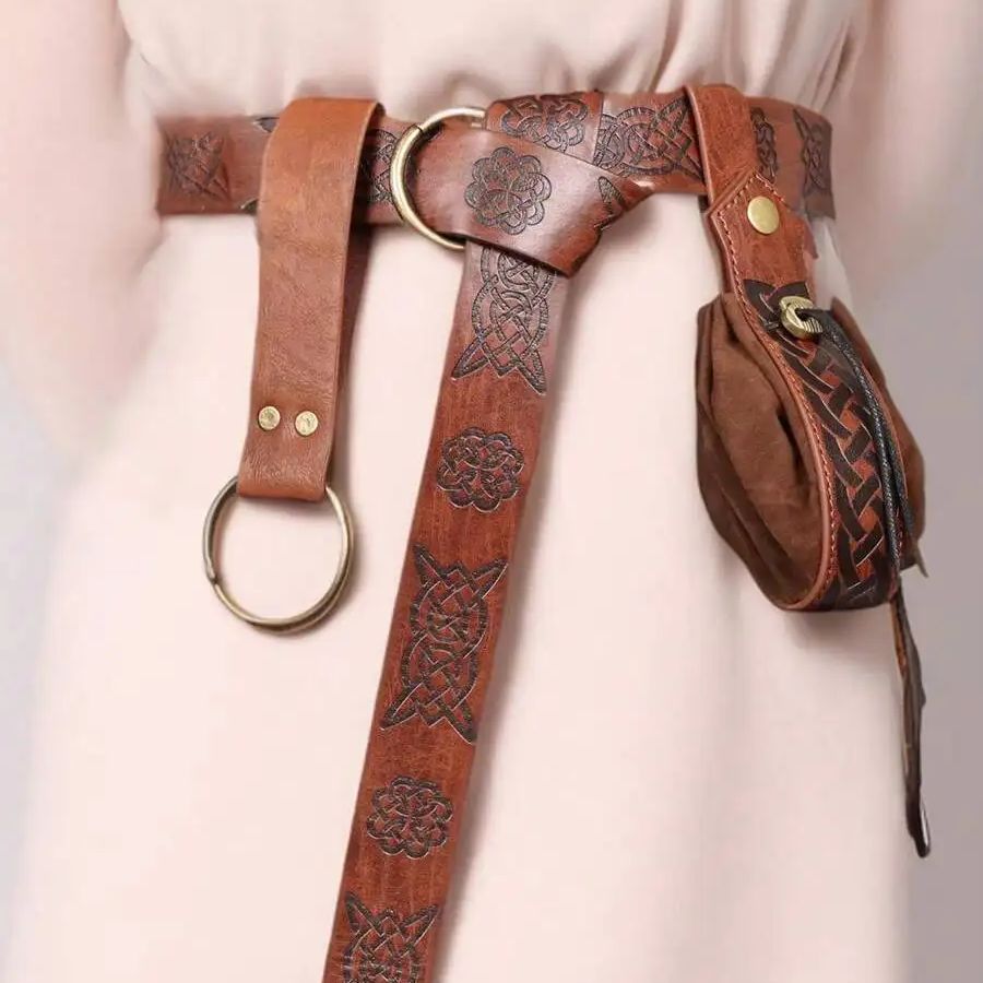3PCS Braun PU Leder Mittelalterlichen Gürtel Und Geld Tasche Frauen Rock Wanderung Clip Für Renaissance Viking Faire LARP Cosplay kostüme