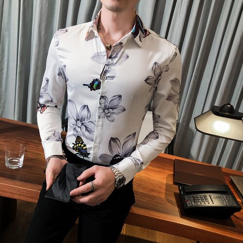 Bloemenprint overhemden heren slim fit streetwear casual overhemd sociaal feest blouse heren zakelijk jurk kleding camisas para hombre: Wit / Aziatische maat m