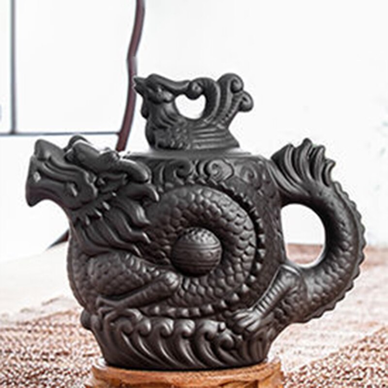 Teapot Dragon and Phoenix Tea Pot Big Capacity Purple Clay Tea Set Kettle Kung Fu Teapot (Black)