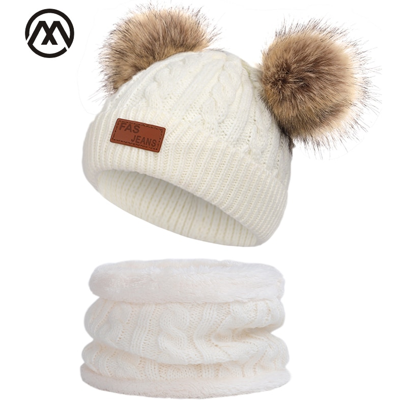 Los niños de invierno cálido sombrero Collar pompón guisantes sombrero de niño/Niña de punto sombrero de la bufanda de esquí cálido 2 conjunto de piezas gorro de cabeza