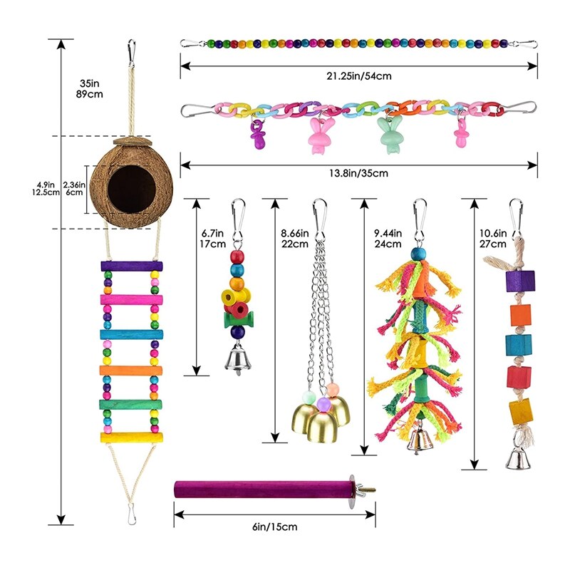 8 Pcs Vogel Papegaai Speelgoed, Opknoping Houten Kokosnoot Vogels Huis Met Ladder, stand Kauwen Bell Huisdier Vogels Kooi Speelgoed Accessoires