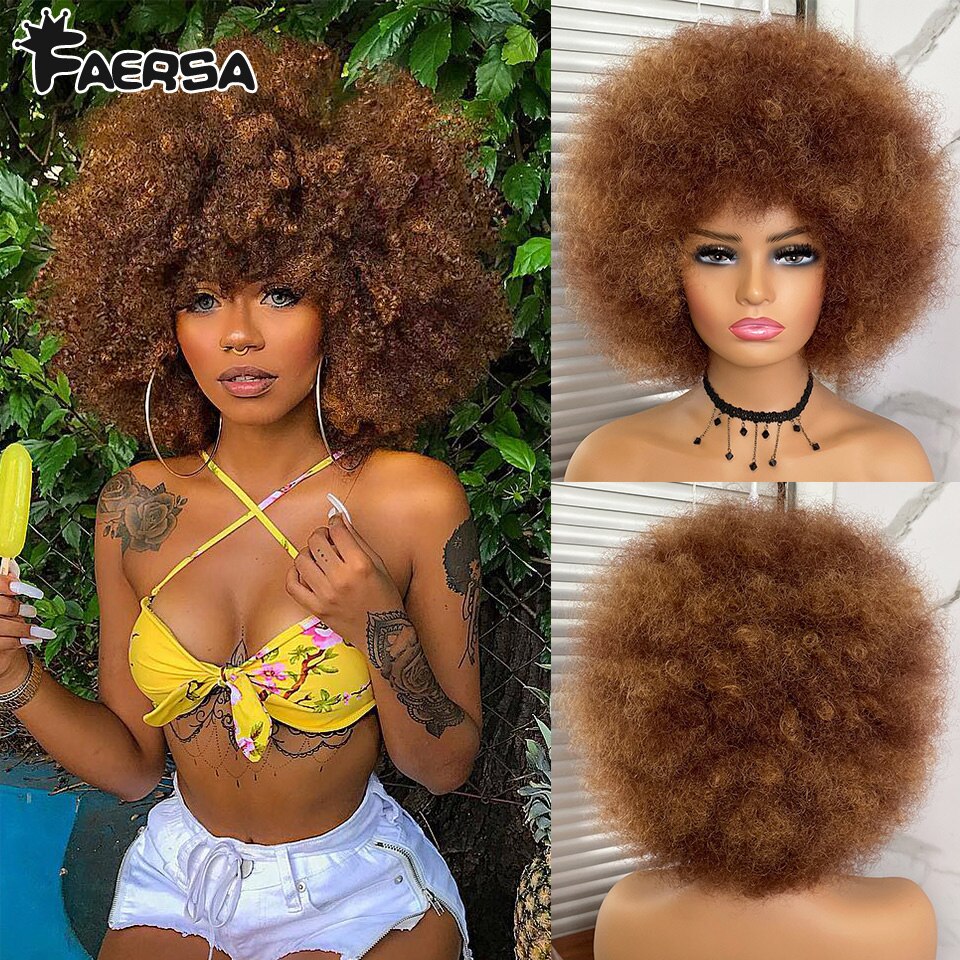 Kort haar Afro Kinky Krullende Pruiken Met Pony Voor Zwarte Vrouwen Afrikaanse Synthetische Ombre Cosplay Natuurlijke Blonde Rood Blauwe Pruik: P4/613