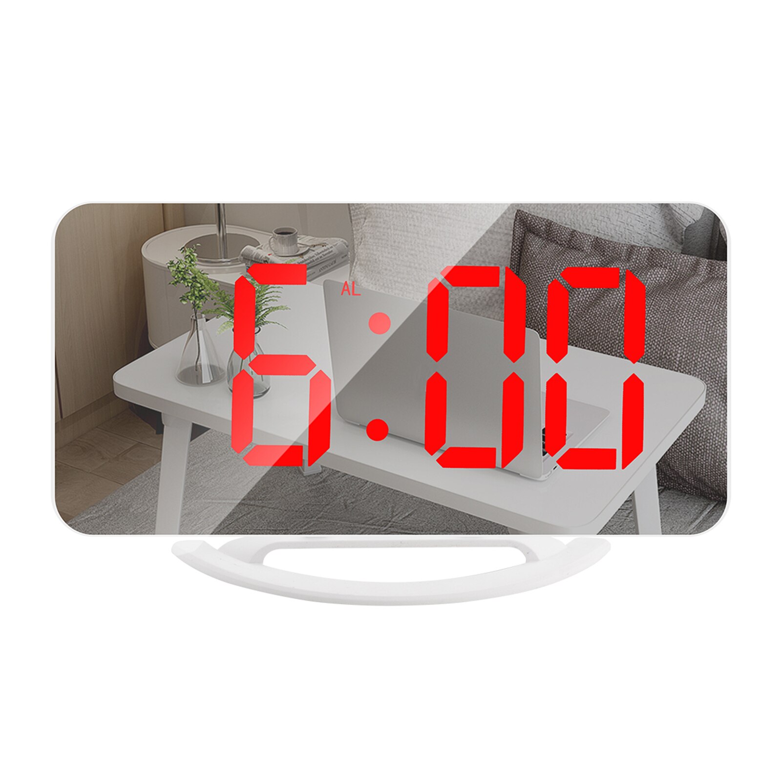LED Mirror Clock Mini Digital Alarm Clock TS-8201-HB Table Clock with Snooze Function 3 Adjustable Brightness Auto-Adapt: White  Red font