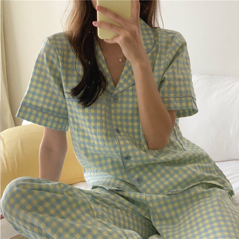 QWEEK Plaid Women&#39;s Pajamas Female Brief Lounge Set Woman 2 Pieces Sleepwear Suit Pijama Korean Short Sleeve Pyjamas Nightwear