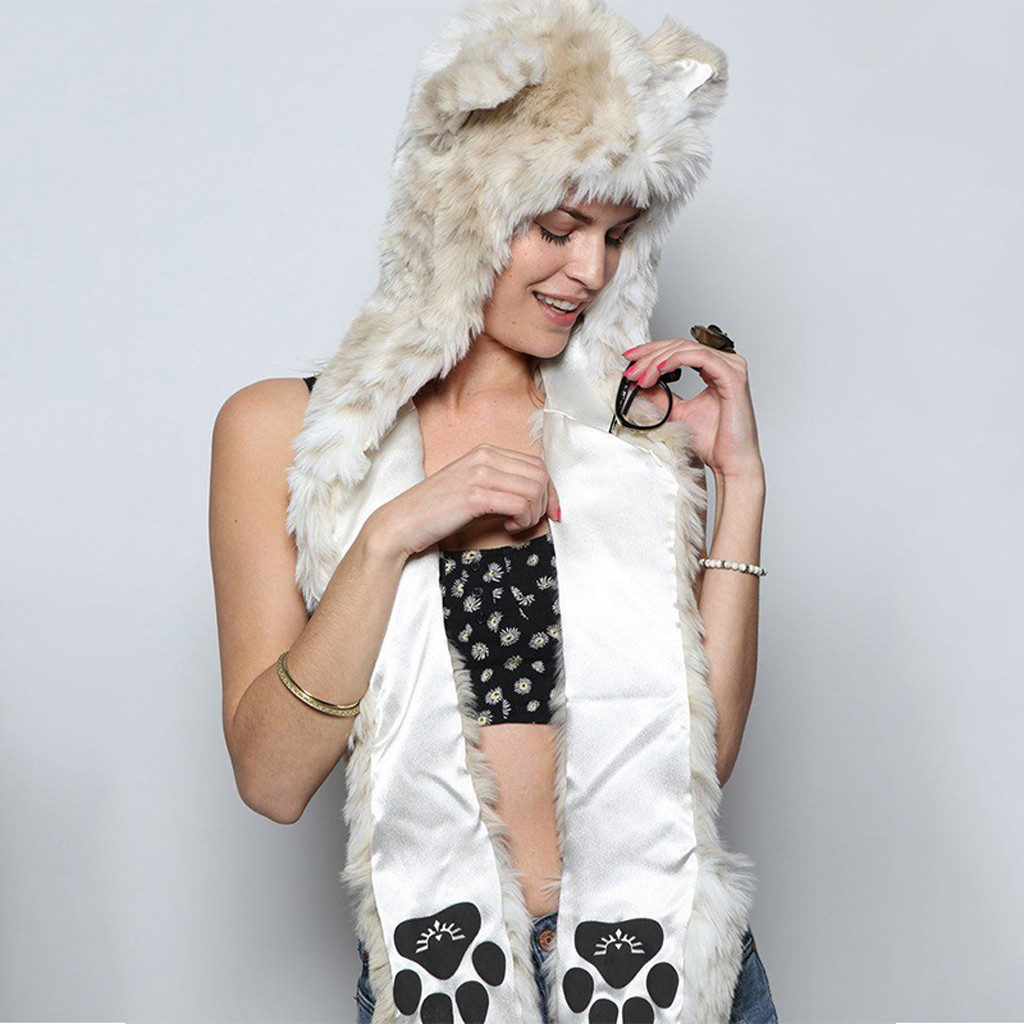 Women Faux Fur Hood Animal Hat Ear Flaps Hand Pockets Set Animal Hood Hat Wolf Plush Warm Animal Cap with Scarf Gloves