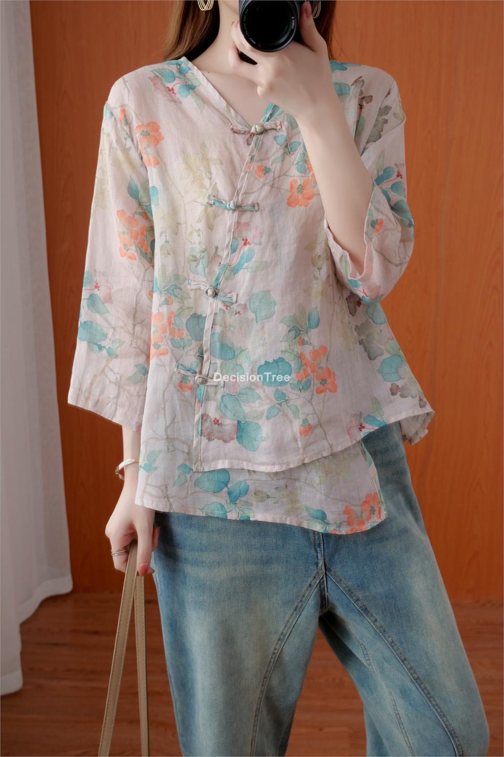 Blusa de lino y algodón estilo chino para mujer, camisa clásica holgada estilo cheongsam, traje de té,