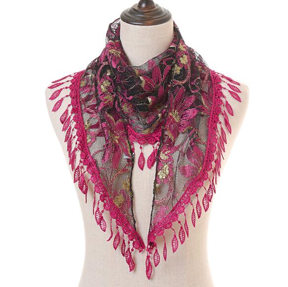 Lenço triangular de renda, cachecol feminino da moda floral para verão, tassel de praia, lenços de seda chiffon, pashmina, pedão, foulard, hijab