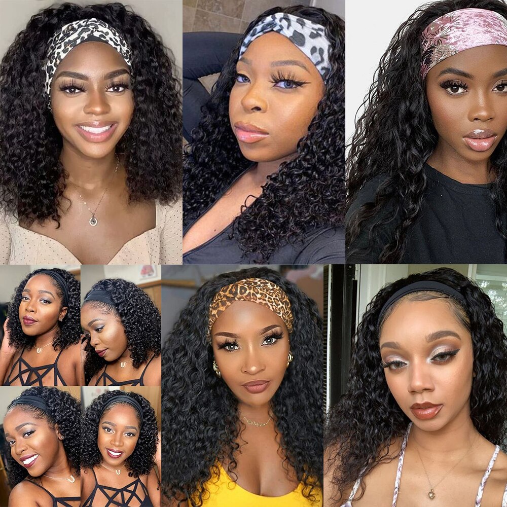Synthetic Deep Wave Wigs with Head Wraps Short Bob Curly Headband Wigs for Black Women Kinky Curly Head Band Wig Peruca Cosplay