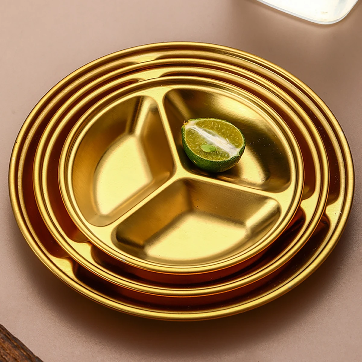 2pcs/set Korean Style Barbecue Dipping Dish Stainless Steel Circular Grid Plate Thickened Golden Sauce Dish Snack Plate