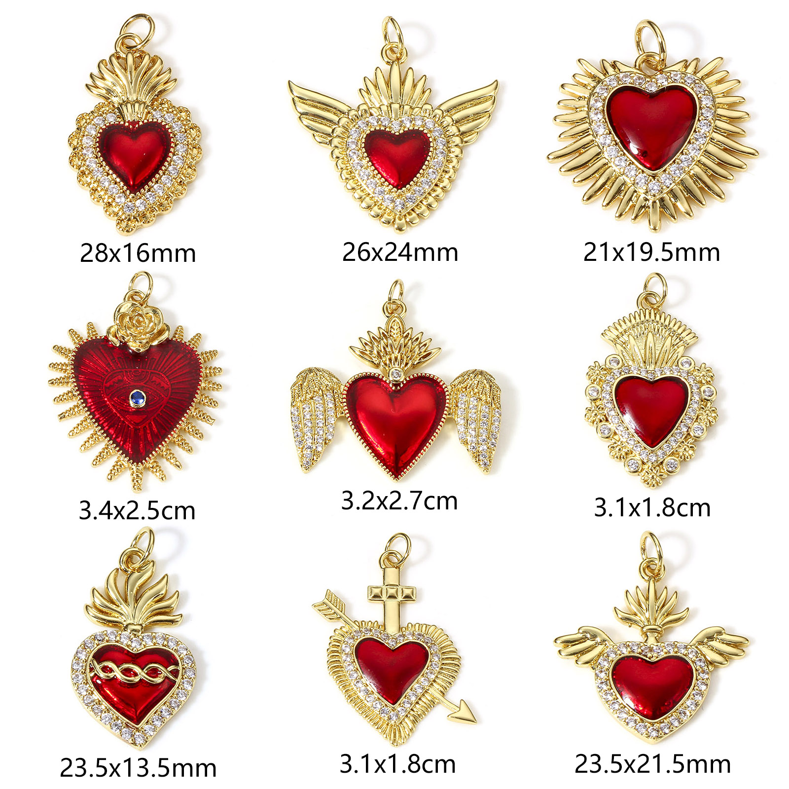 1 pieza de dijes de corazón religioso rojo clásico para la fabricación de joyas, colgantes Ex Voto de Color dorado, collar de circonia cúbica transparente DIY