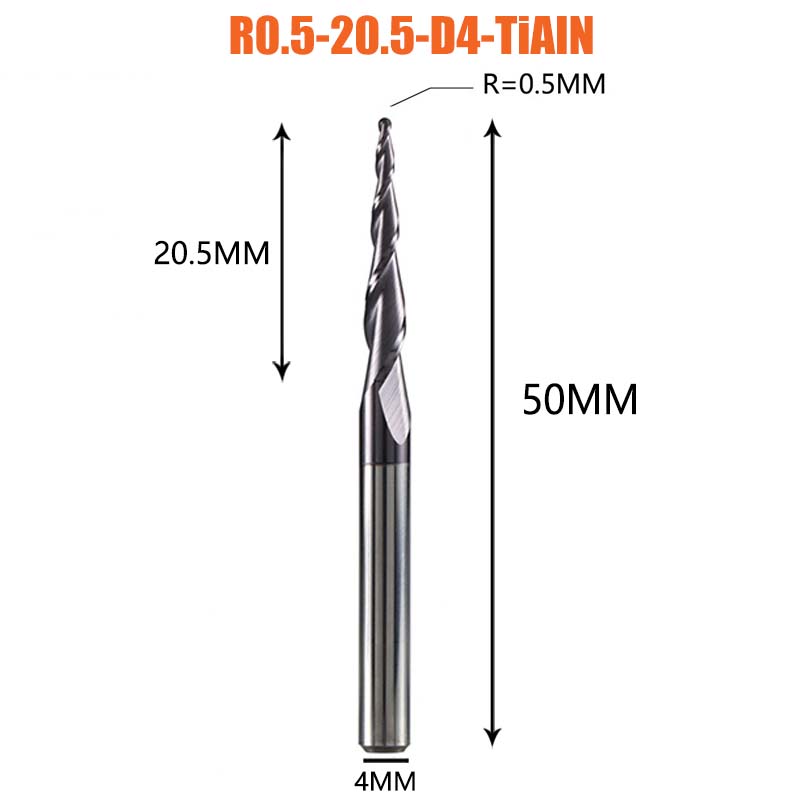 1 Pcs Tungsten Vhm Gecoate Taper Ball Nose Cnc Frezen Frezen Voor Hout En Snijders Voor Metalen end Mill: R0.5-20.5-D4