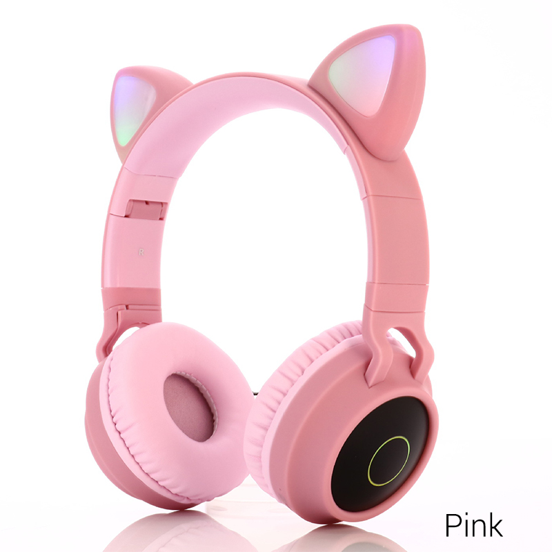 LED Cat Ear Noise Cancelling Headphones Bluetooth 5.0 Young People Kids Headset Support TF Card 3.5mm Plug With Mic: Pink no Box