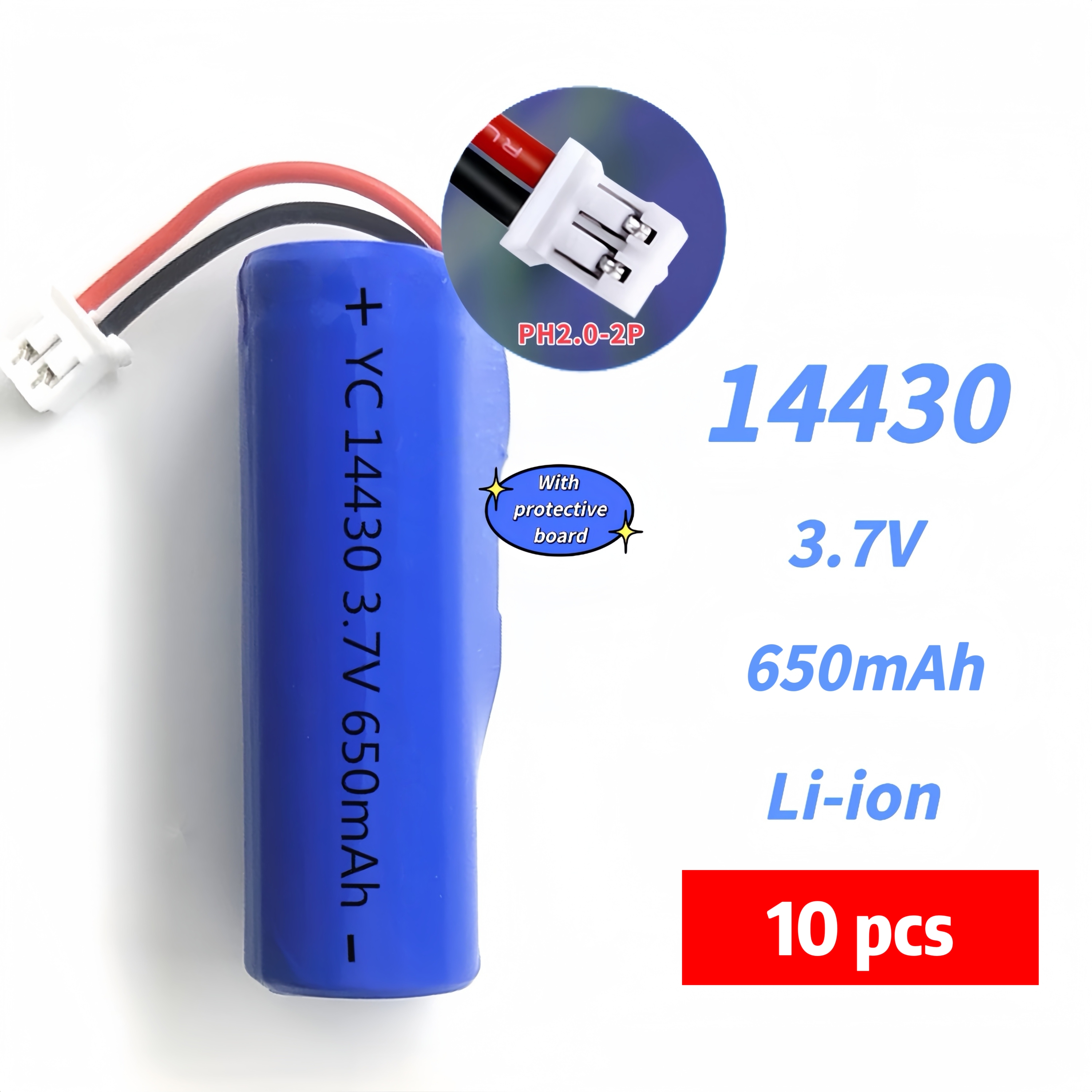 14430 Rechargeable lithium battery with connector 3.7V 650mAh USB Charging cable for Fan Flashlight Radio Headlamp Walkie-talkie: Silver