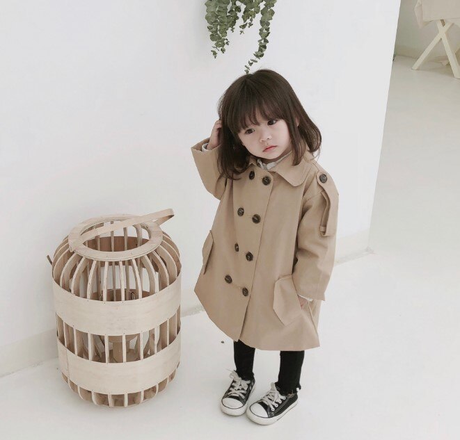 Cultiseed Baby Girls Trench Coats Children Solid Color Double Breasted Long Trench Outerwear Baby Kids Long Sleeve Coat Top