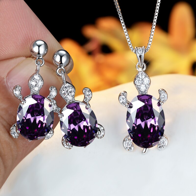 Regenboog Opaal Grote Ovale Steen Zee Schildpad Sieraden Sets Multicolor Crystal Tortoise Kettingen Oorbellen Voor Vrouwen Wedding Bridal Sets: Purple
