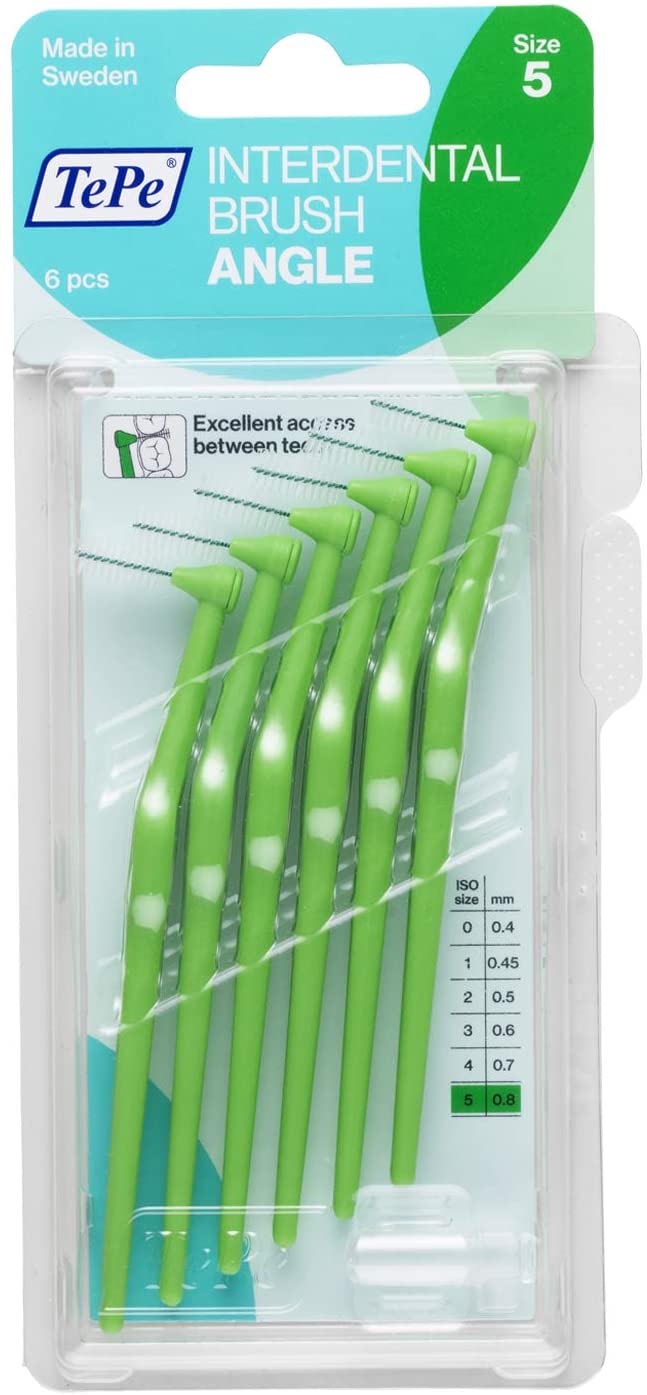 TePe Angle™ Interdental Brushes Every Size Interspace Cleaning With Long Handle Between Teeth Braces Toothbrush 6 Brushes: 0.8mm - Size 5 Green