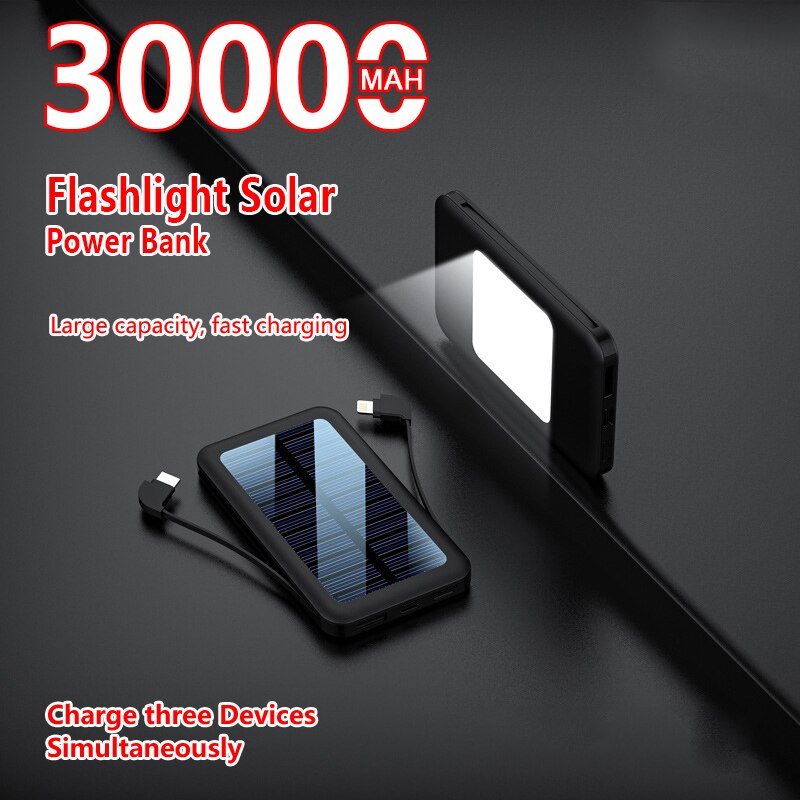 30000Mah Solar Power Bank Snelle Charger Ingebouwde Kabel Lcd Type C Powerbank Voor Alle Smartphones Power Bank Draagbare opladen