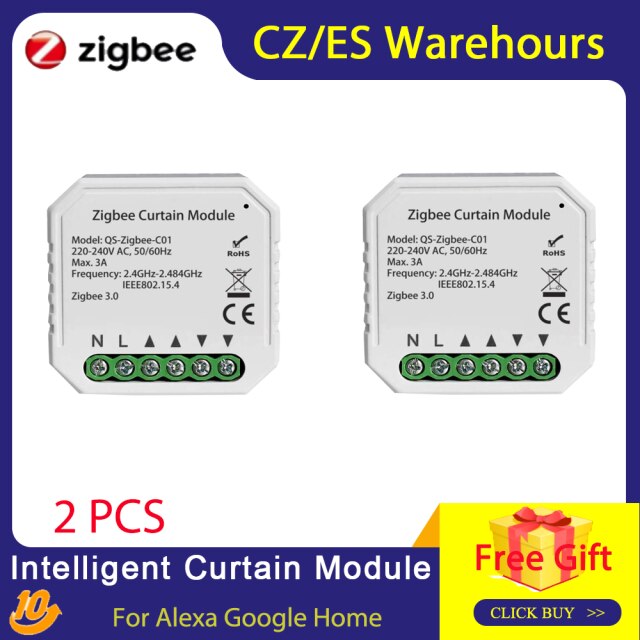 Tuya ZigBee Smart Home Curtain Motor Intelligent Curtain Module For Roller Shutter Blind Motor Compatible for Alexa Google Home: 2 pcs