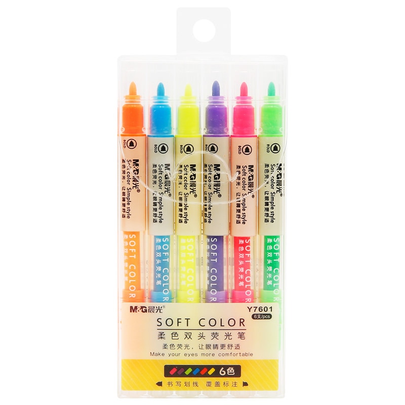 Dubbele hoofd highlighter Kantoor en leren focus marker pen 6 kleuren set heldere kleur pen