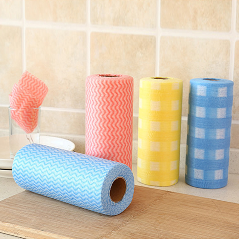 Chiffons de nettoyage jetables en tissu Non tissé, 50 feuilles/rouleau, serviettes de cuisine, chiffons pratiques à rayures